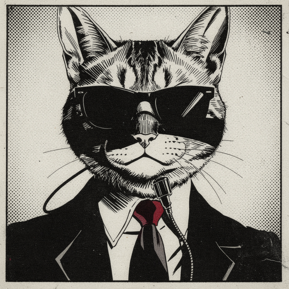 A black and white ink illustration of a tabby cat wearing dark sunglasses, a black suit and tie, with a coiled earpiece cord running into the collar